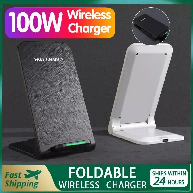 100W Wireless Charger Station For iPhone 15 14 13 12 11 Pro Max 11 Phone Stand Fast Charging Charger for Samsung Xiaomi Foldable