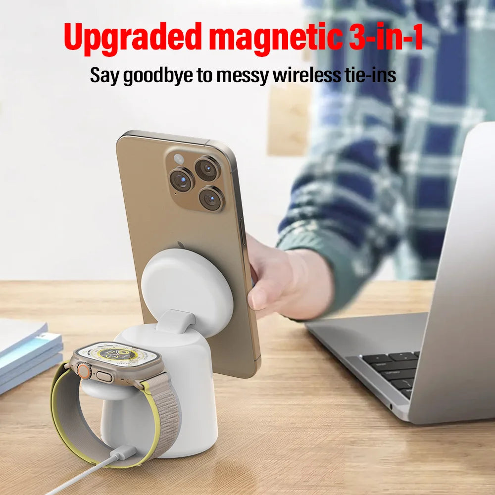 3 in 1 Magnetic Wireless Charger Stand Foldable for iPhone 15 14 13 12 Pro Max Airpods IWatch 9 8 7 6 Fast Charging Dock Station