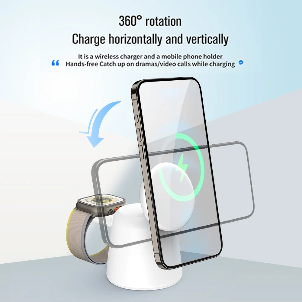 3 in 1 Magnetic Wireless Charger Stand Foldable for iPhone 15 14 13 12 Pro Max Airpods IWatch 9 8 7 6 Fast Charging Dock Station