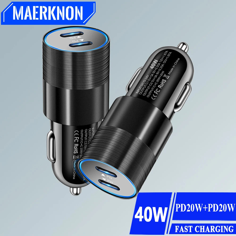 40W Dual PD Car Charger Adapter Fast Charging Type USB C Quick Charger in Car Mobile Phone for iPhone15 Pro Max Xiaomi 14 Huawei